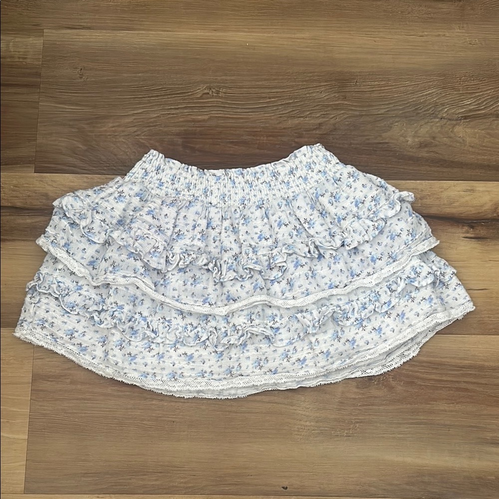 LoveShackFancy Blue and White Floral Ruffle Skirt